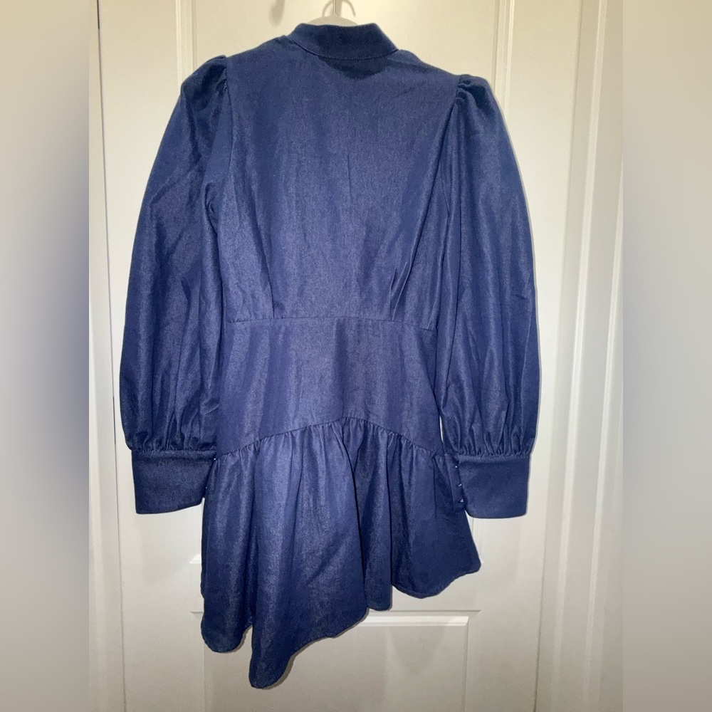 NWT. Commense. Denim Stand Collar Puff Sleeve Mini Dress. Size Small. - Picture 5 of 15